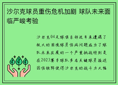 沙尔克球员重伤危机加剧 球队未来面临严峻考验