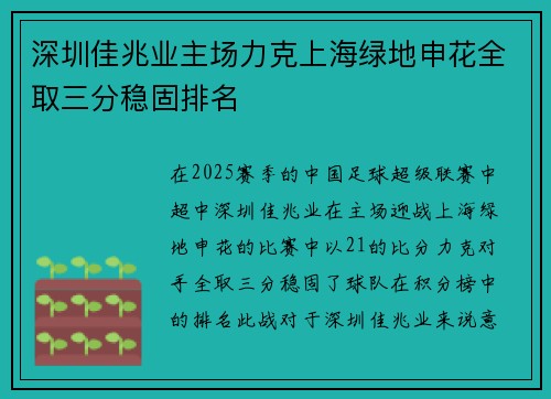 深圳佳兆业主场力克上海绿地申花全取三分稳固排名